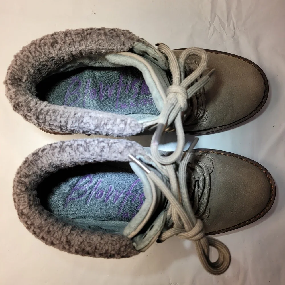 Blowfish Malibu Ankle Boots Womens 8 Taupe Knit Collar Wedge B138 Lace‎ Up